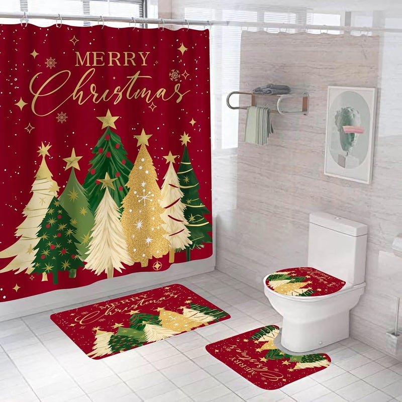 Apear1 4Pcs Merry Christmas Shower Curtain Set Xmas Tree Snowflake Shower Curtain for Christmas Bathroom Decor with Anti-Slip Waterproof Bathtub Bathroom Rugs Toilet Lid Cover (Red) - Image 1